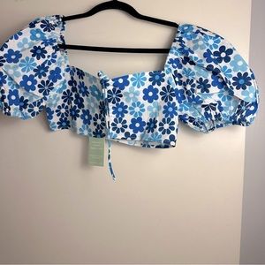 Another‎ Girl X Dolls Kill Blue Floral Puffy Sleeves Organic Cotton Top NWT